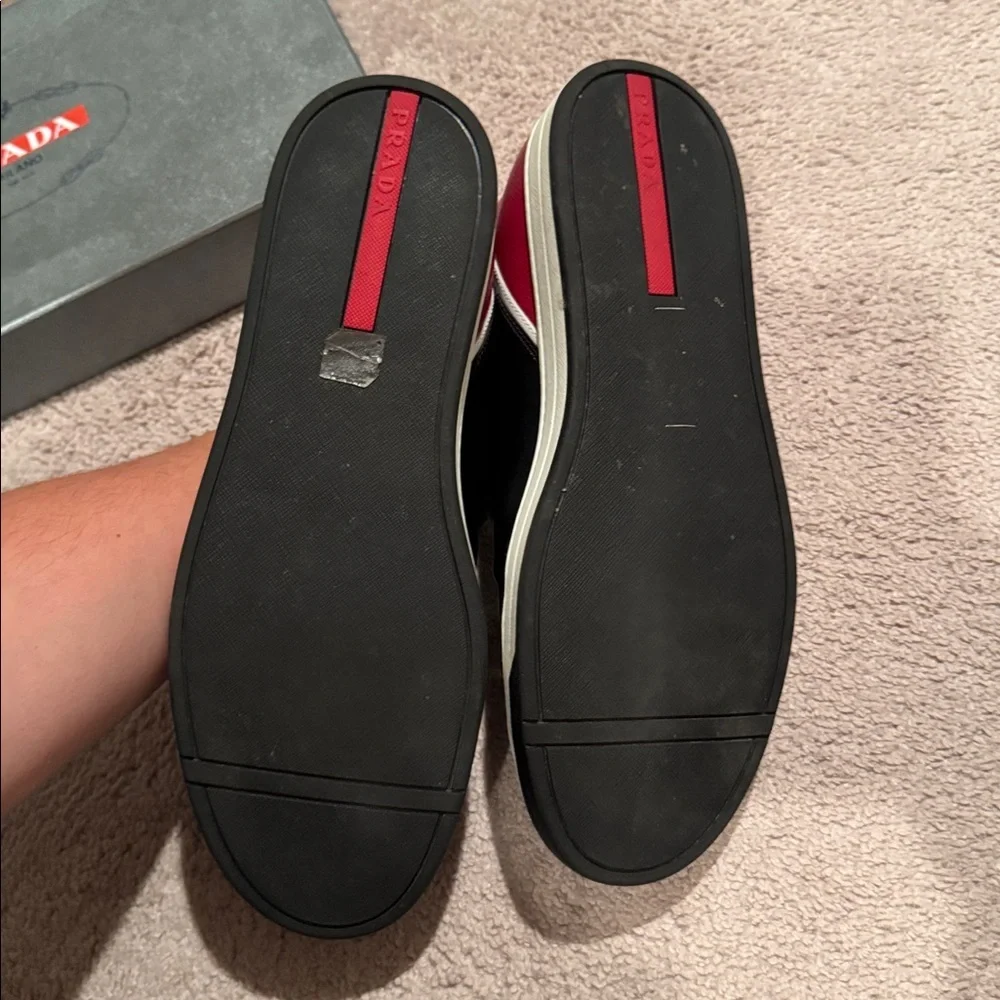 Prada Black Sneakers with Red and White Trim